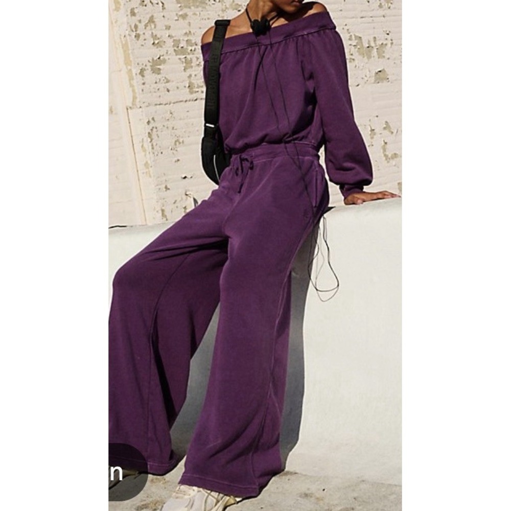 NEW Free People M One To Beat Purple Cotton Off Shoulder Wide Leg Jumpsuit
